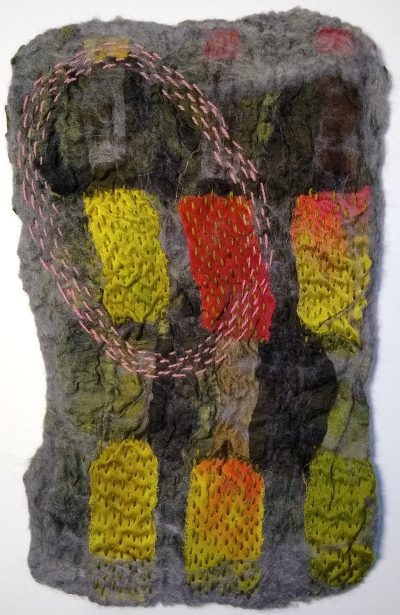Nuno Felt stitched with Kantha stitch in hand dyed wool lace weight threads.